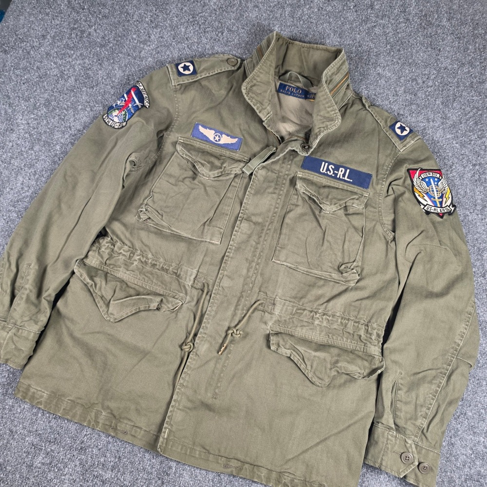 Polo Ralph Lauren Field Jacket Mens Medium Olive Green Military Patches M-65